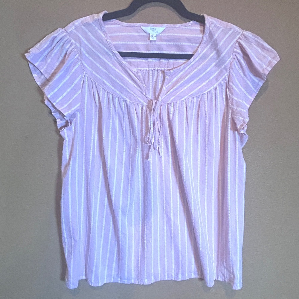 Time and Tru Pink White Striped Flutter Sleeve V Neck Tie Neck Top‎ Plus Size L